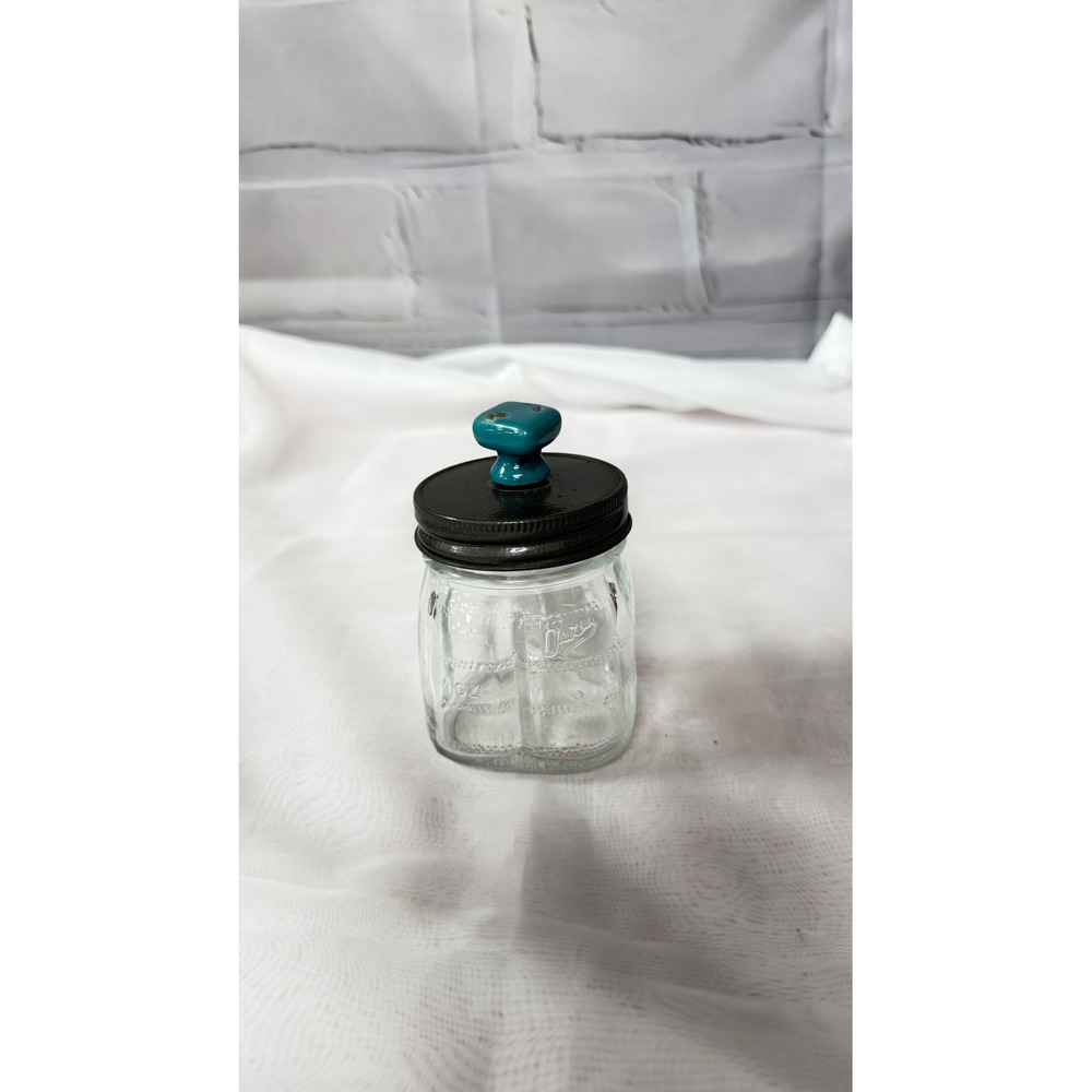 Vintage Owens-Illinois 8oz Glass Jar with Metal Lid and Teal Ceramic Knob